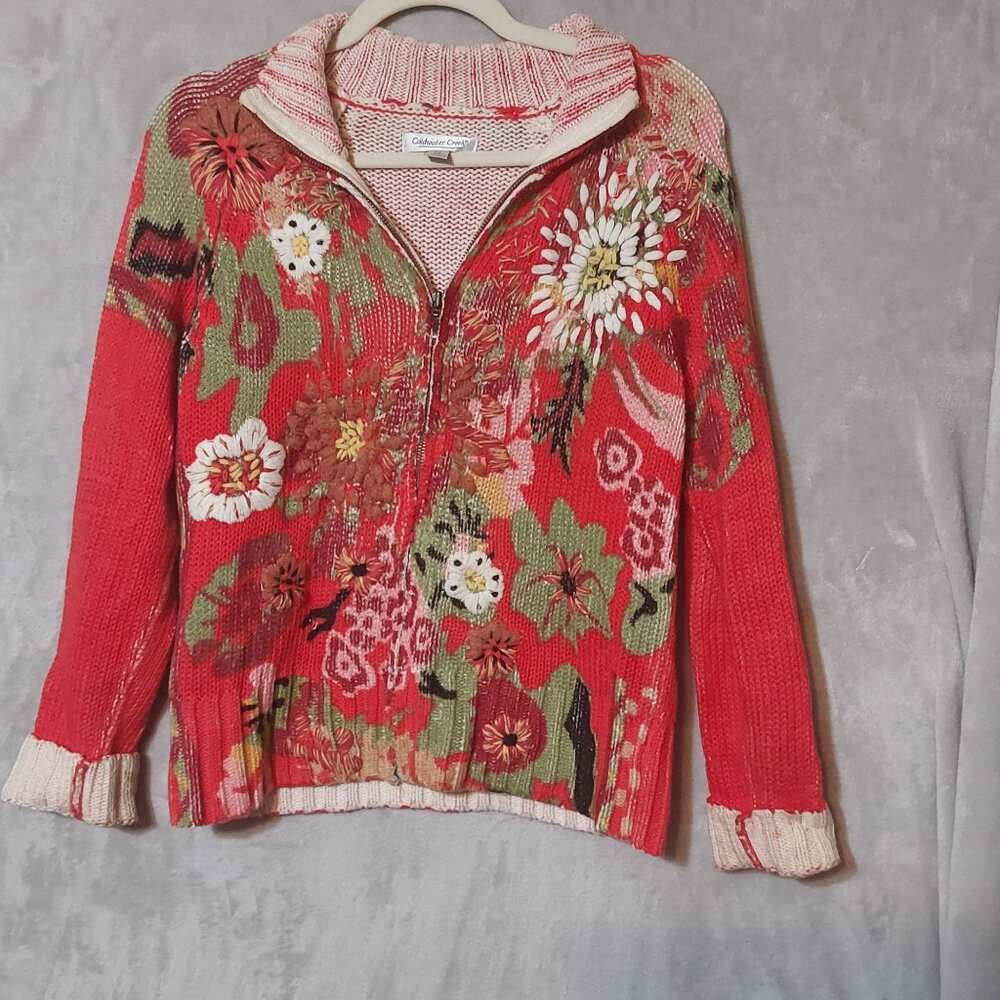 Vintage Embroidery Floral Grannycore Knit Boho Zip Up Festival Red XS Sweater